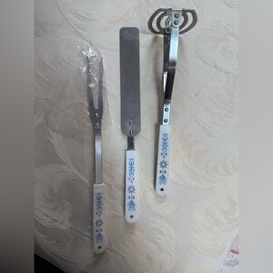 Vintage EKCO Stainless Steel Serving Utensils Milk Glass Handles Mid-Century Set